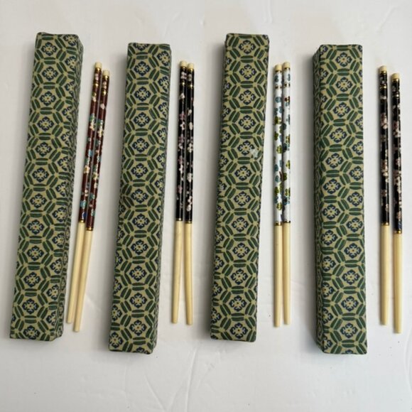 4 Vtg Sets Cloisonne Enamel Inlay Chopsticks in Original Silk Boxes, 8.5”Long - Picture 3 of 9